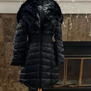 Laundry Size M Women's Black Puffer Coat with Faux Fur Hood